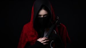 Mysterious Woman in a Red Robe Holding a Violin - FREE Download