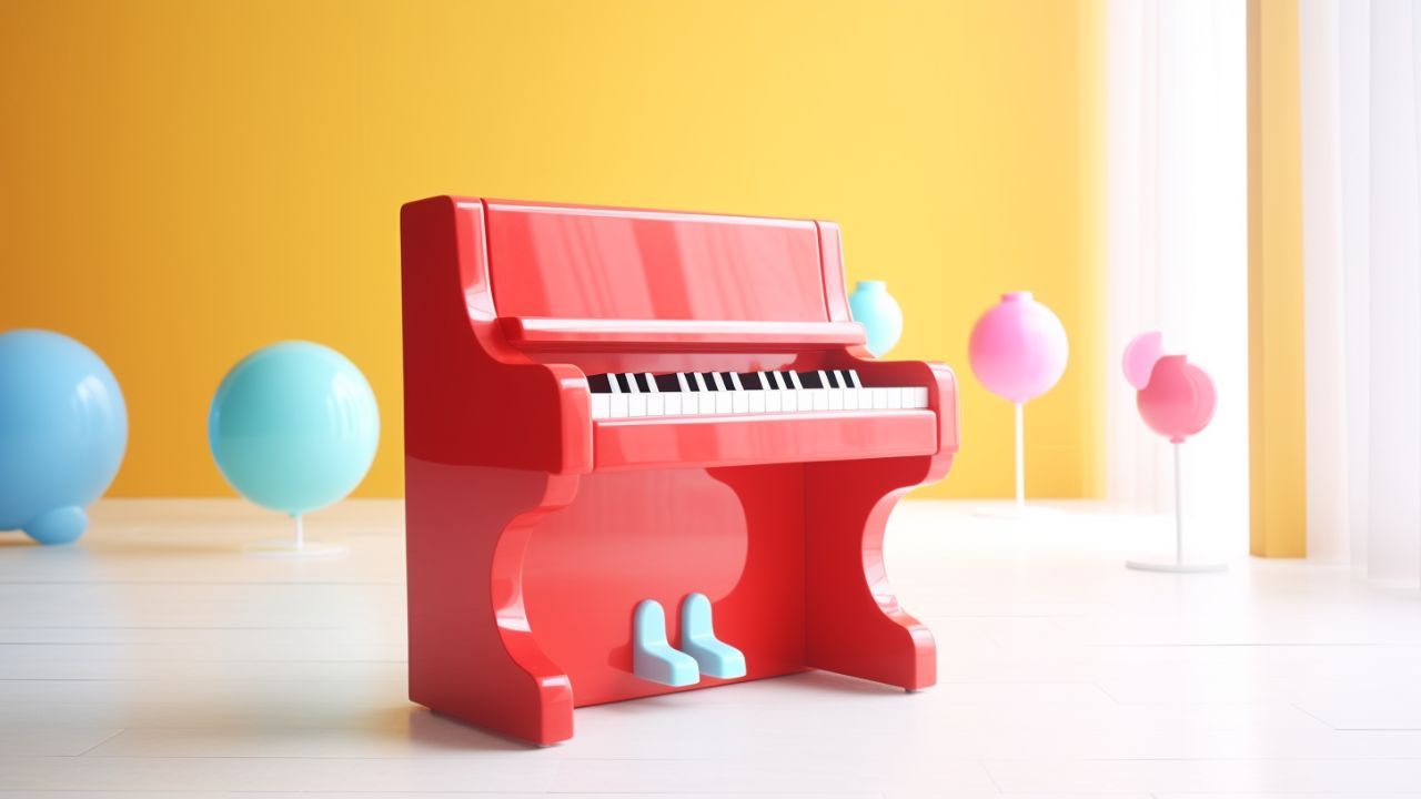 Bright red toy piano with yellow background - Free Download