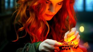Red Haired Woman Fixing a Violin Lit By LEDS - Free Download