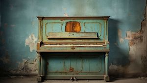 Rusty Old Upright Piano Against a Rustic Wall - FREE Download